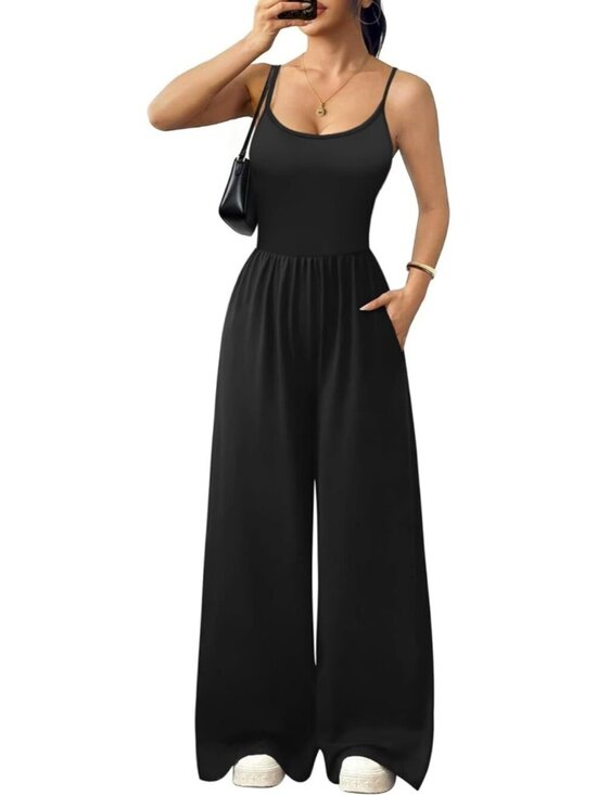Pants - Women's Jumpsuits Black Sleeveless Strap Wide Leg Summer Romper with Pockets